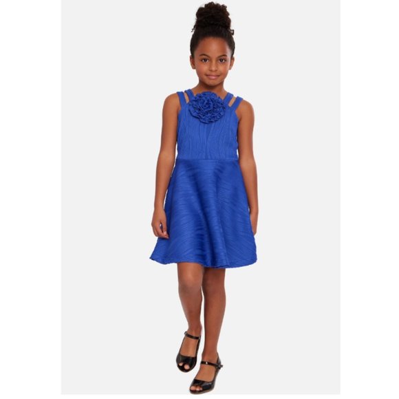 Bonnie Jean Girls Size 7-16 Royal Crinkle Knit Rosette Skater Dress - Picture 4 of 5